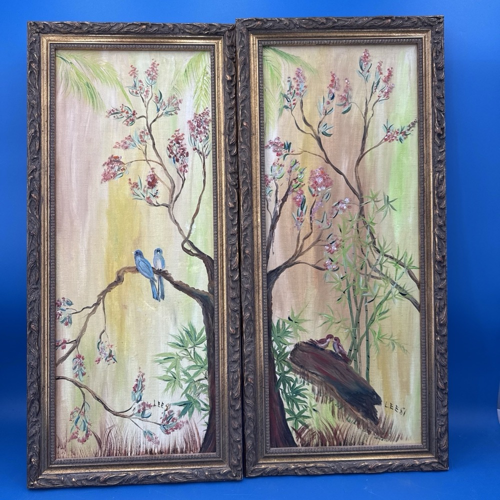 Vintage 1981 Pair Signed LEE Texas Chinoiserie Bird Bamboo Paintings Framed
